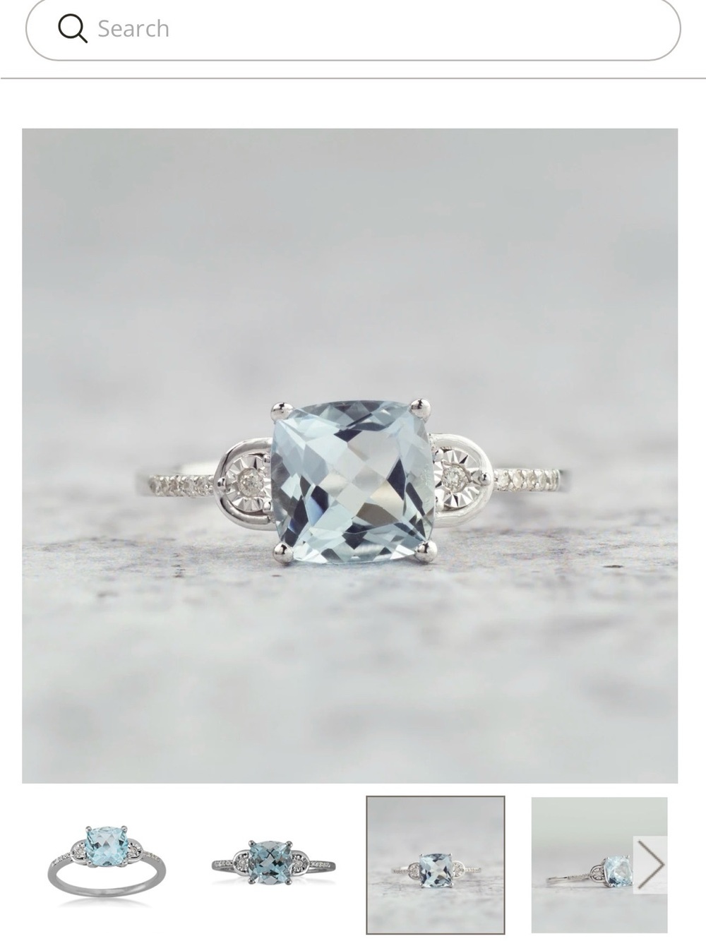 Sterling Silver Aquamarine Cushion Ring with Diamond Side Accents